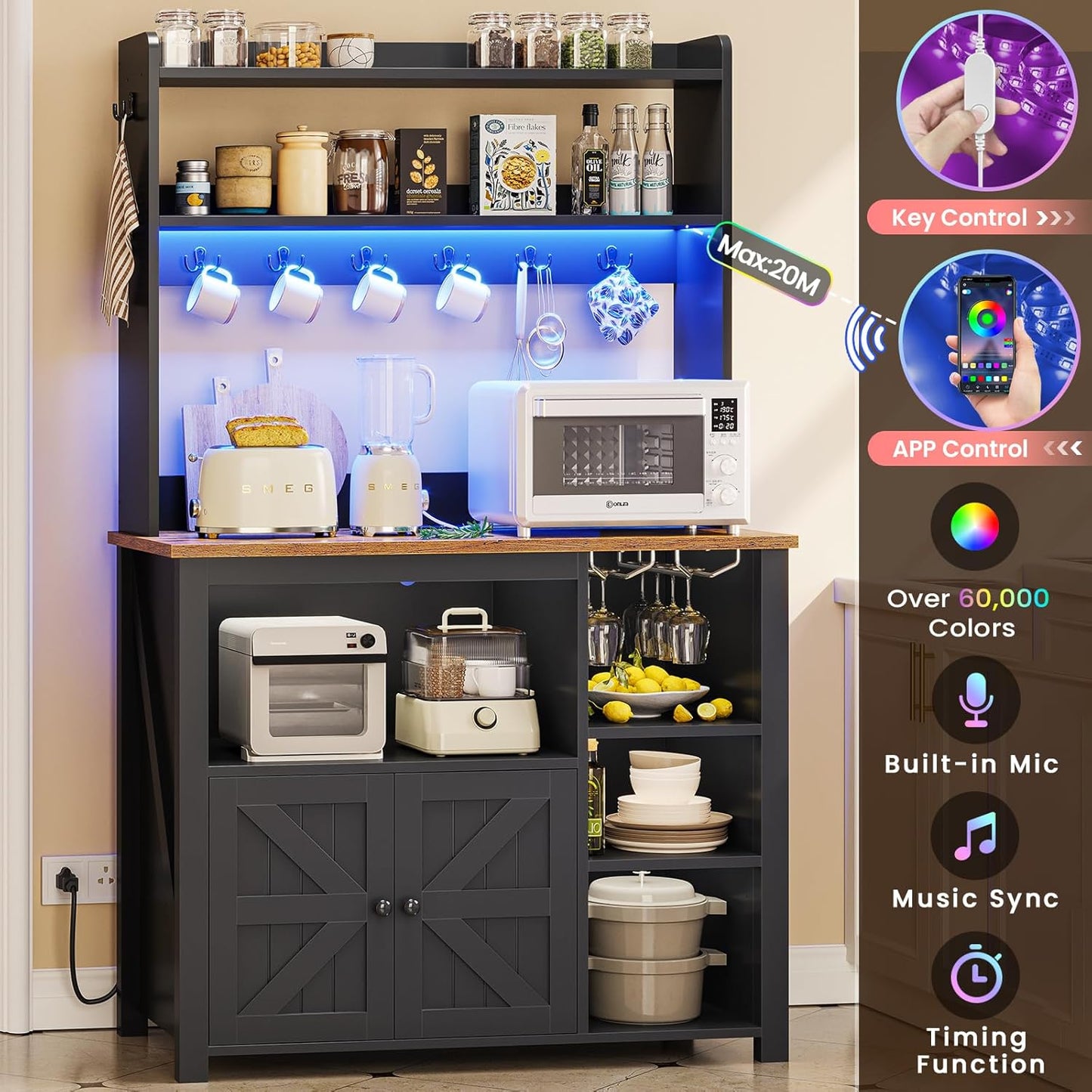 Itaar 35.4 inch Coffee Bar Cabinet, Bakers Rack with Power Outlet and Storage, Farmhouse Microwave Stand Kitchen Cabinet with Hutch, LED Lights, Wine Glass Holder and 8 Hooks, Black