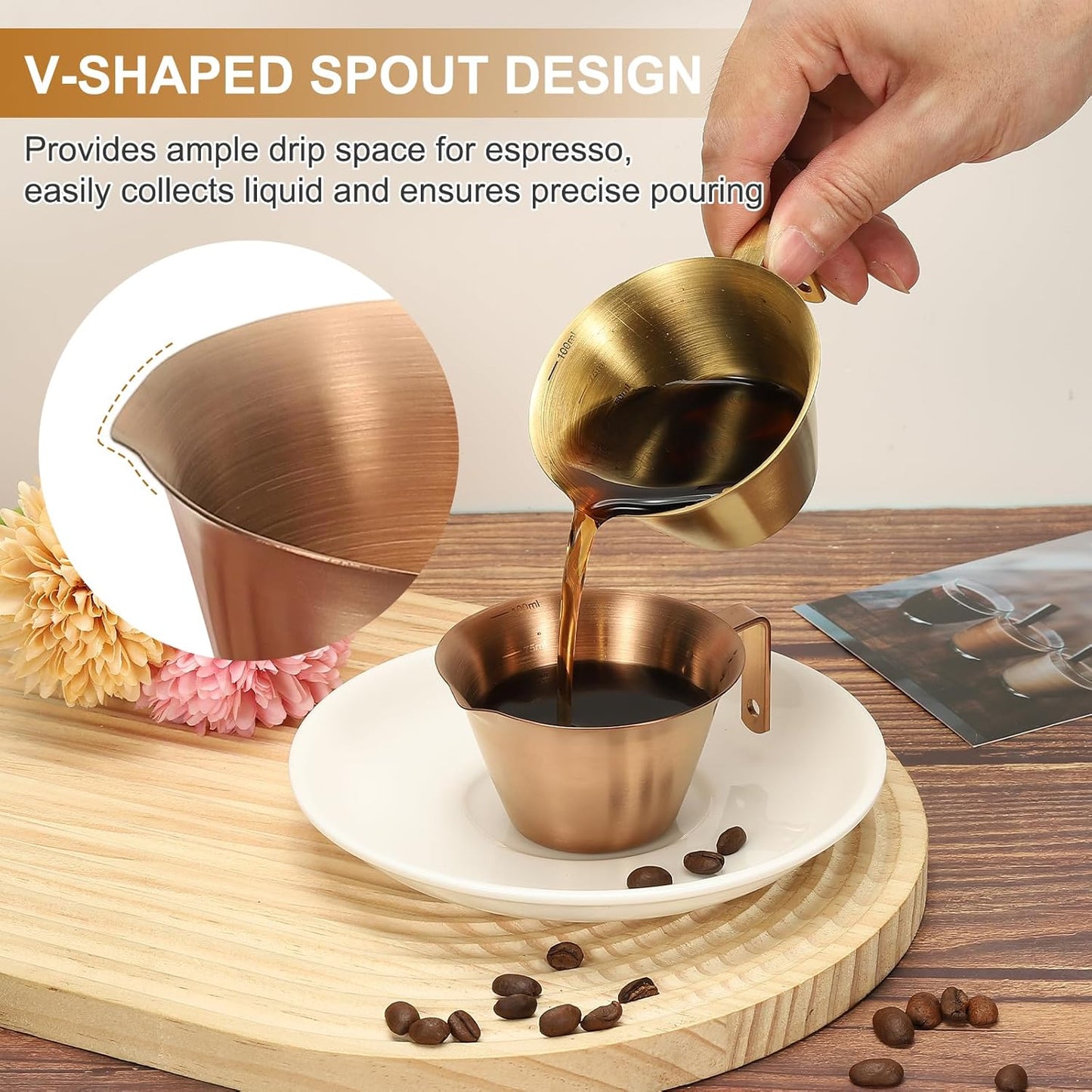 uxcell 1 Pcs Stainless Steel Espresso Cup with Handle, V-Shaped Mouth Espresso Measuring Cup with Scale for Preparing Coffee, Cocktails, 3.4OZ/100ML (Black)