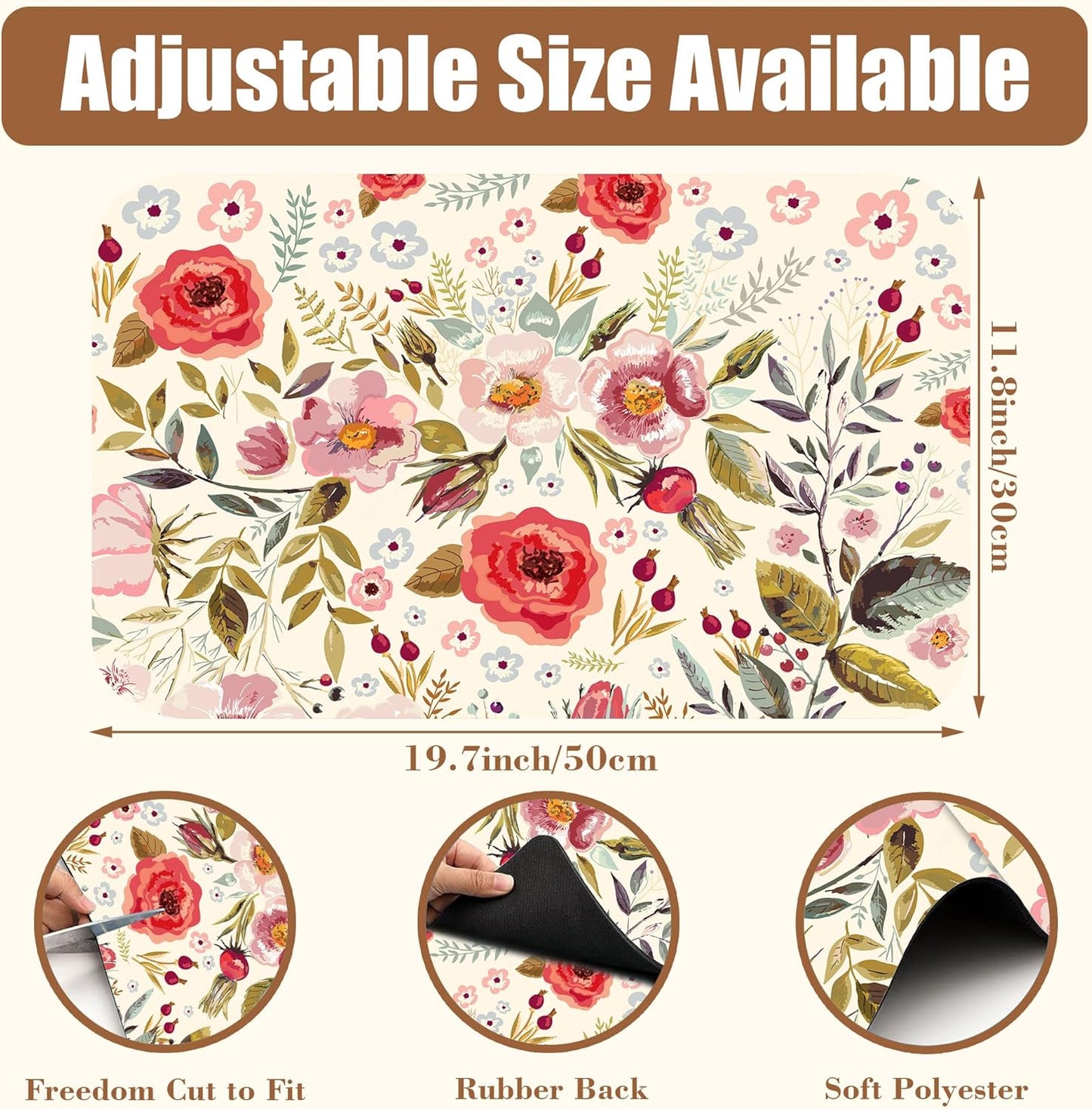Vintage Flowers Coffee Mat Rose Berries Dish Drying Mat for Kitchen Counter Hide Stain Absorbent Rubber Backed Coffee Bar Accessories Fit Under Espresso Machine Dish Drainer, 11.8 x 19.7 Inch