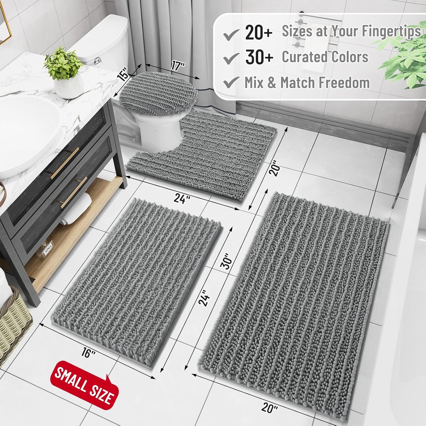 Arotive Luxury Chenille Bathroom Rug Mat, Extra Soft Thick Absorbent Shaggy Bath Rugs, Non-Slip Machine Wash Dry, Plush Bath Mats for Bathroom, Shower and Tub, 40x24, Grey