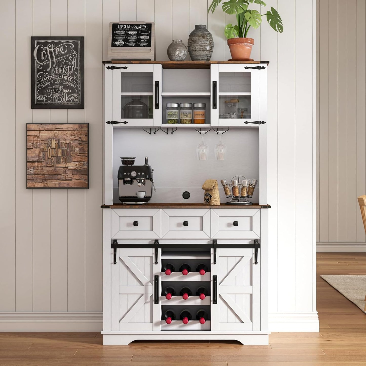 Coffee Bar Cabinet with Sliding Barn Doors 71'' Farmhouse White Pantry Cabinet with Drawers & Wine Glass Rack Rustic Buffet Cabinet for Kitchen, Brown