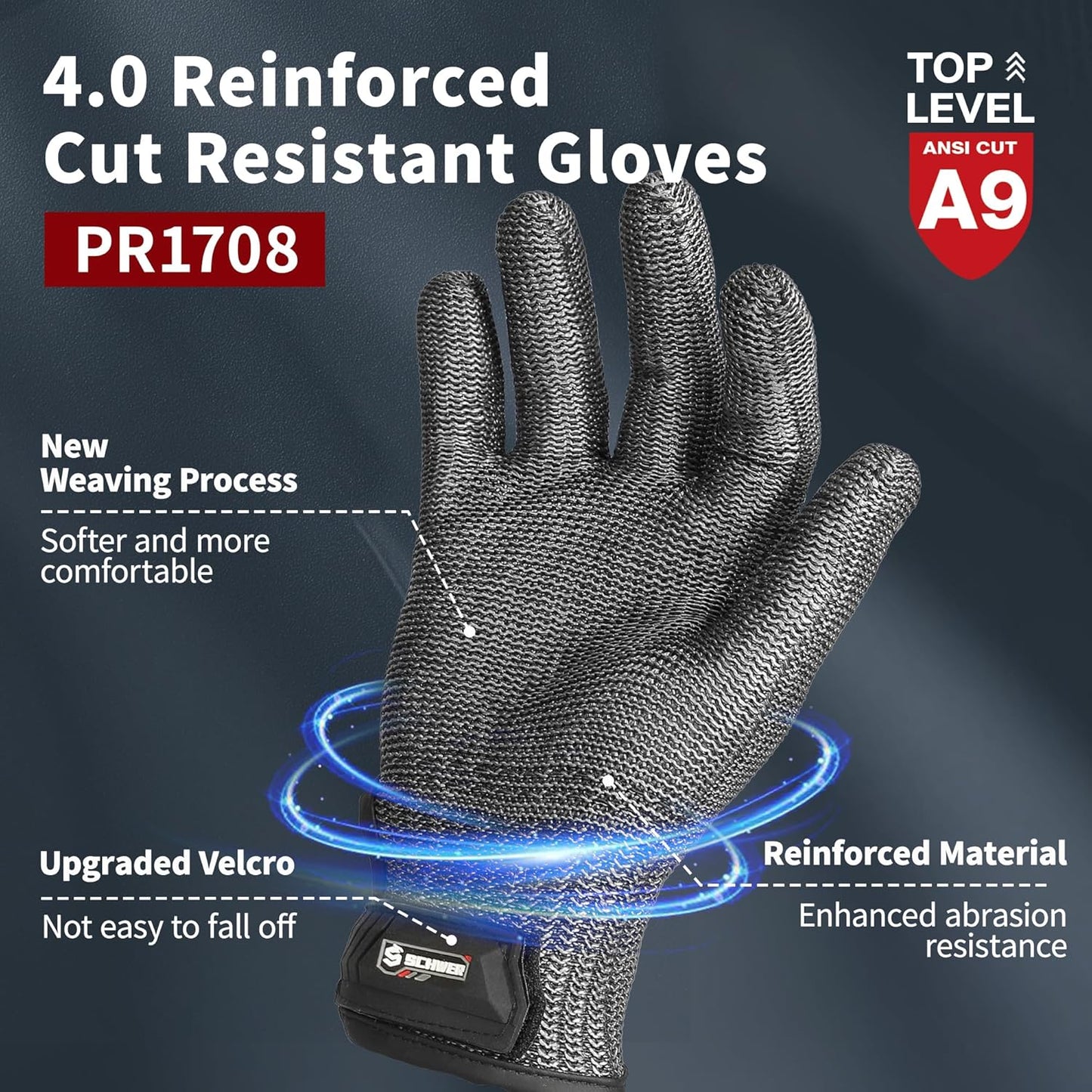 Schwer Ultimate Cut Resistant Gloves Beyond ANSI A9, Reinforced Stainless Steel Glove, Food Grade Mesh Metal Gloves for Butcher Meat Cutting, Oyster Shucking, Mandoline, PR1708 (L, 50 Pairs)