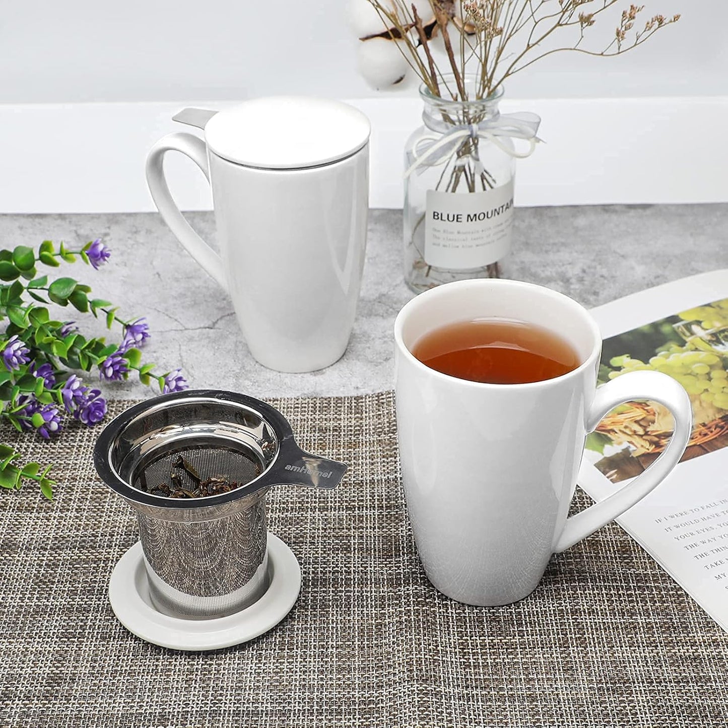 amhomel Porcelain Tea Mug with Infuser and Lid, 16 Ounce Ceramic Tea Cup for Loose Leaf, Coffee, Cocoa and Milk, Tea Gift for Tea Lovers, Set of 2(White)