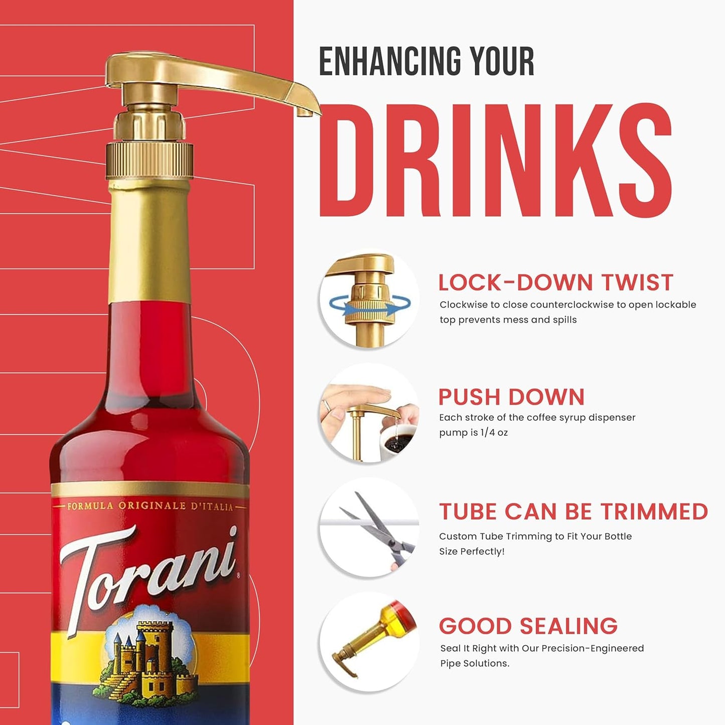 Jimoco Syrup Pump & Torani Syrup Bundle - Fruit Bowl Syrup 6 Pack Summer Flavors, Raspberry, Strawberry, Blackberry, Cherry, Orange and Peach - For Italian Soda Coffee, Lattes, Frappes With 6 Pump Dispensers