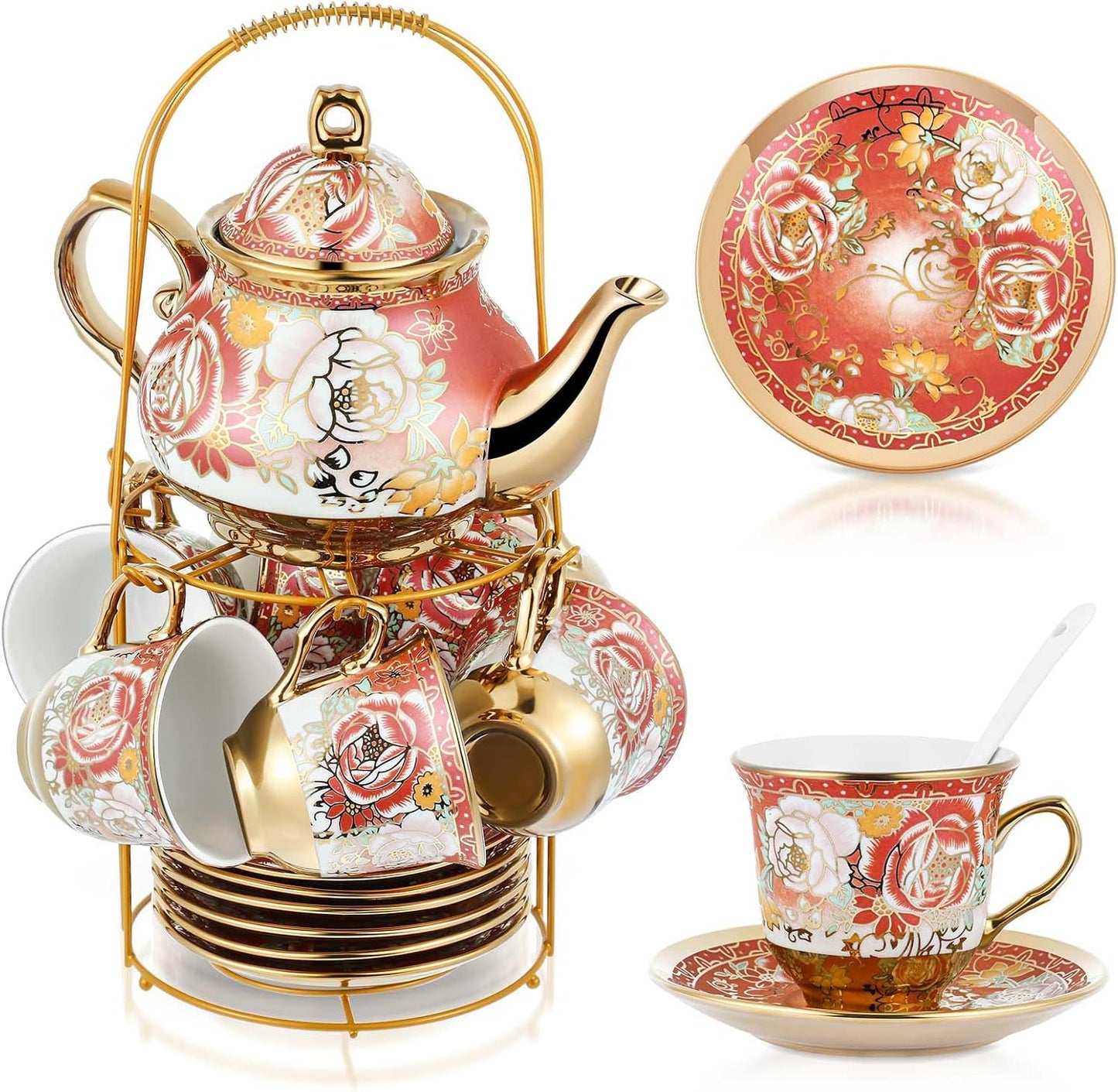 Zhehao 20 Pcs Porcelain Tea Set with Metal Holder and Spoon Adult Ceramic Tea Party Set European Flower Painting Teapot Cup Saucer Spoon Set for Women, Large Version(Noble Style)
