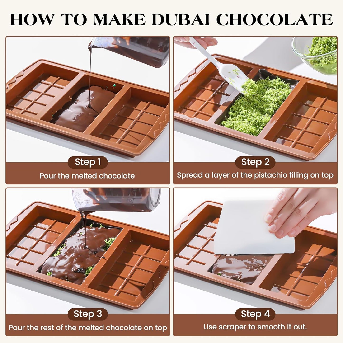 2 Pcs Dubai Chocolate Bar Mold Deep Stuffed Silicone Molds for Filling Knafeh Pistachio Chocolate Bar Large Thick Candy Bar Molds Break Apart (10 Snap）