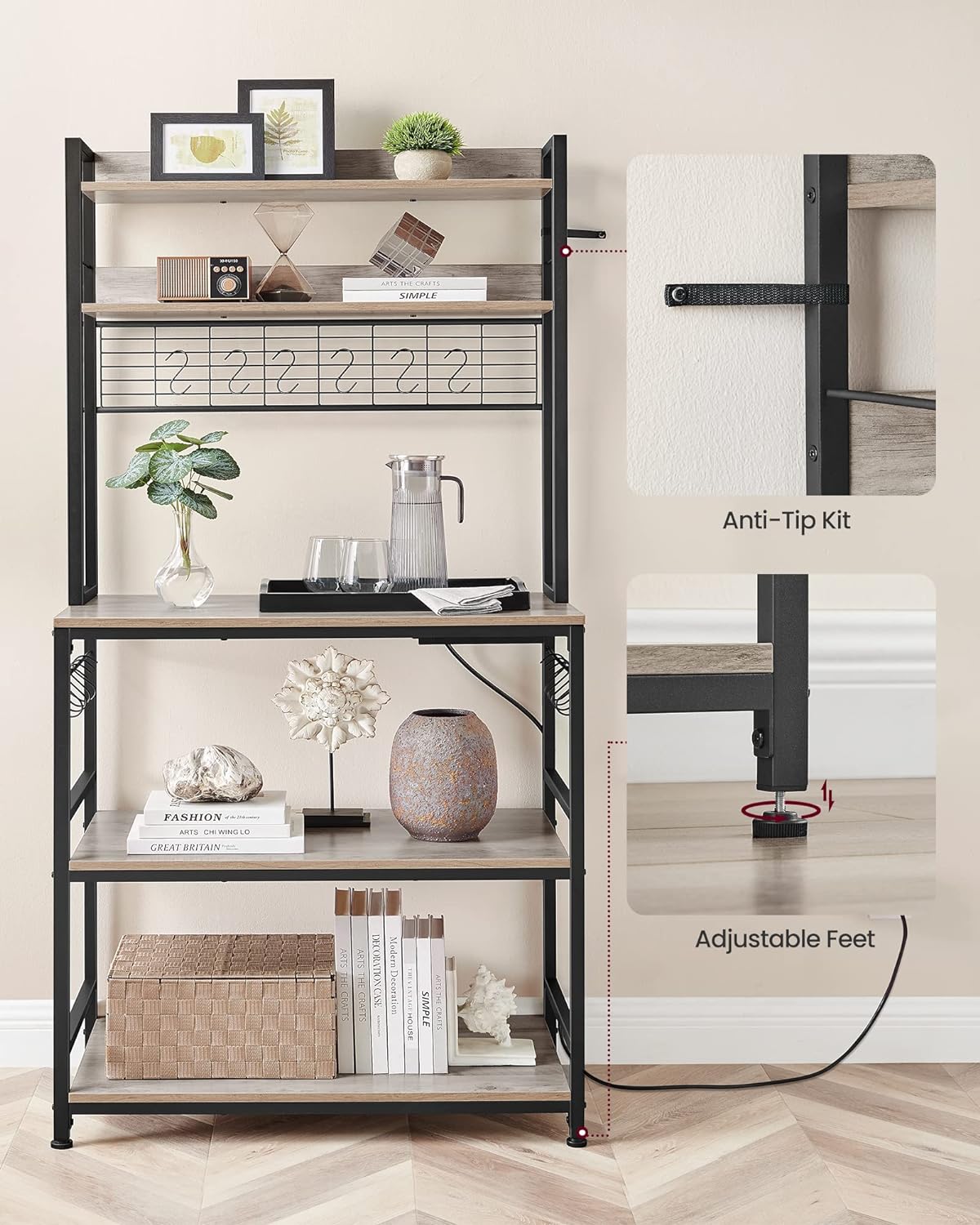 VASAGLE Hutch Bakers Rack with Power Outlet, 14 Hooks Microwave Stand, Adjustable Coffee Bar with Metal Wire Panel, Kitchen Storage Shelf, 15.7 x 31.5 x 66.9 Inches, Greige and Black UKKS025B02