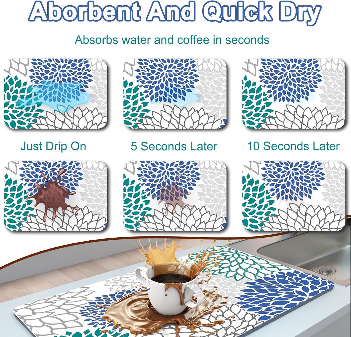 Dish Drying Mat for Kitchen Counter, 12" X 20" Absorbent Coffee Bar Mat Rubber Backing, Easy to Clean Kitchen Drying Matt for Dishes, Utensils, Countertops, Outlined Floral