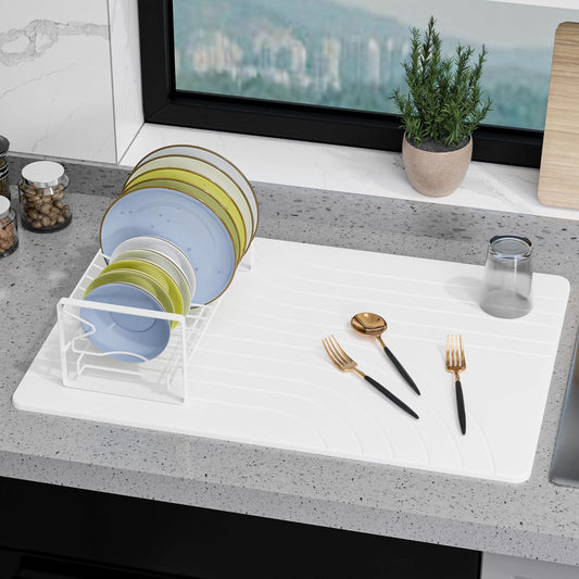 Large Stone Drying Mat for Kitchen Counter, 24" ¡¿ 16" Diatomite Dish Drying Mat, Quick Dry Stone Mats, Ultra Absorbent Natural Diatomaceous Earth Mats for Dished, Bottles, White