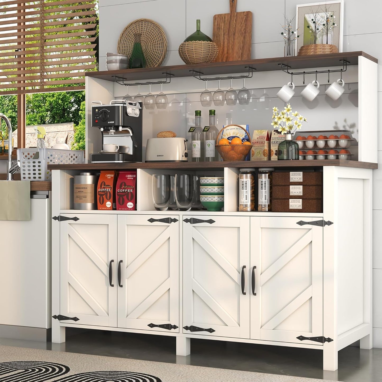 Buffet Sideboard with Storage Hutch with Power Outlets 4 Doors, Large Farmhouse Kitchen Storage Cabinet Wood Coffee Bar Cabinet with Goblet Holder and Cup Hooks for Kitchen, Dining Room, Entryway