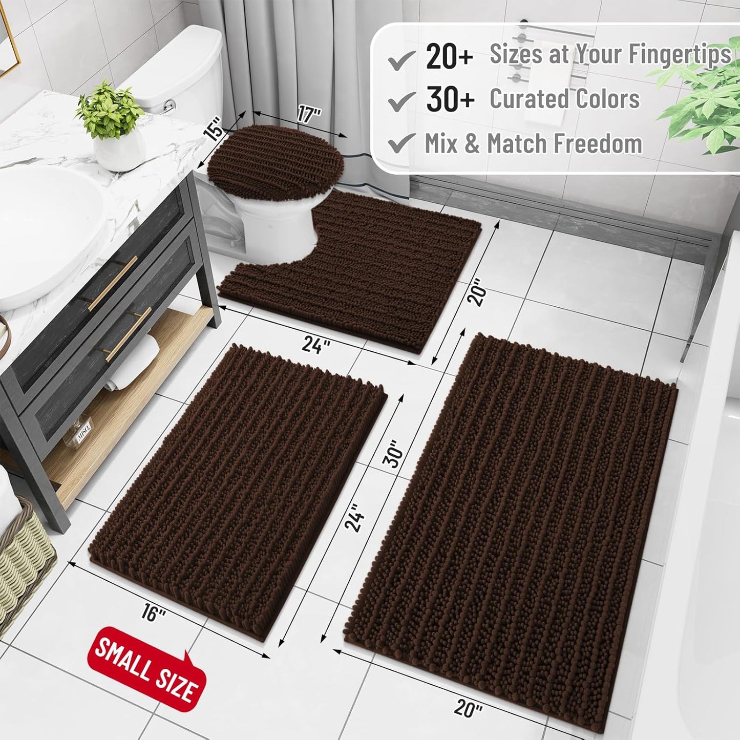 Arotive Luxury Chenille Bathroom Rug Mat, Extra Soft Thick Absorbent Shaggy Bath Rugs, Non-Slip Machine Wash Dry, Plush Bath Mats for Bathroom, Shower and Tub, 47x20, Brown