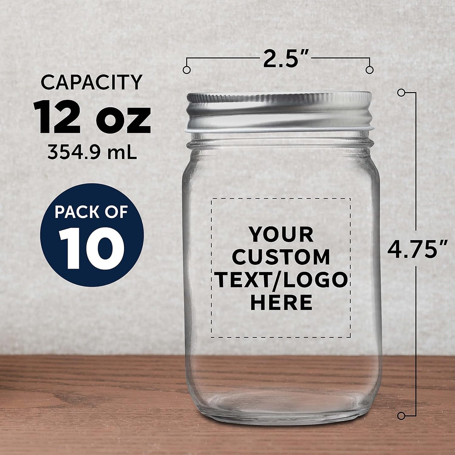 DISCOUNT PROMOS 10 Decorating Mason Jars Set, 12 oz. - Customizable Text, Logo - Canning, Aluminum Lid - Clear