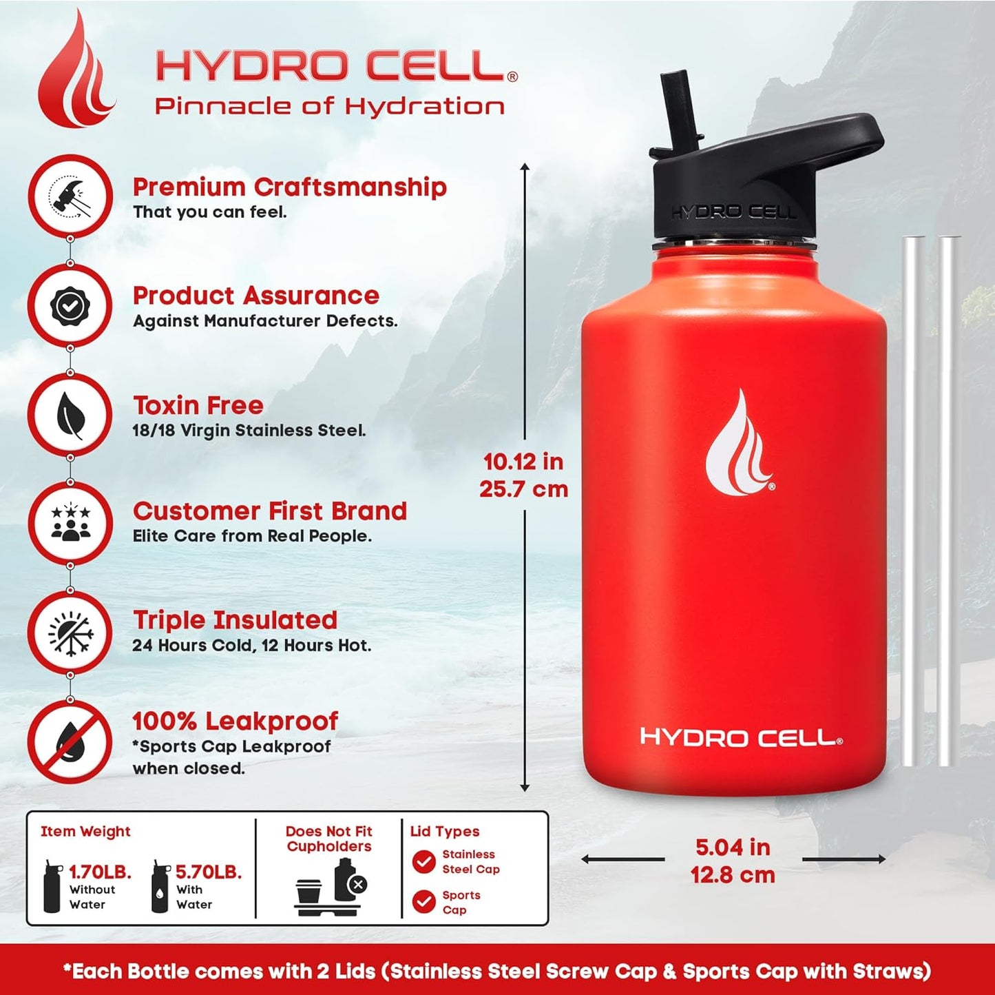 HYDRO CELL Stainless Steel Insulated Water Bottle with Straw - For Cold & Hot Drinks - Metal Vacuum Flask with Screw Cap and Modern Leakproof Sport Thermos for Adults (Mandarin 64oz)