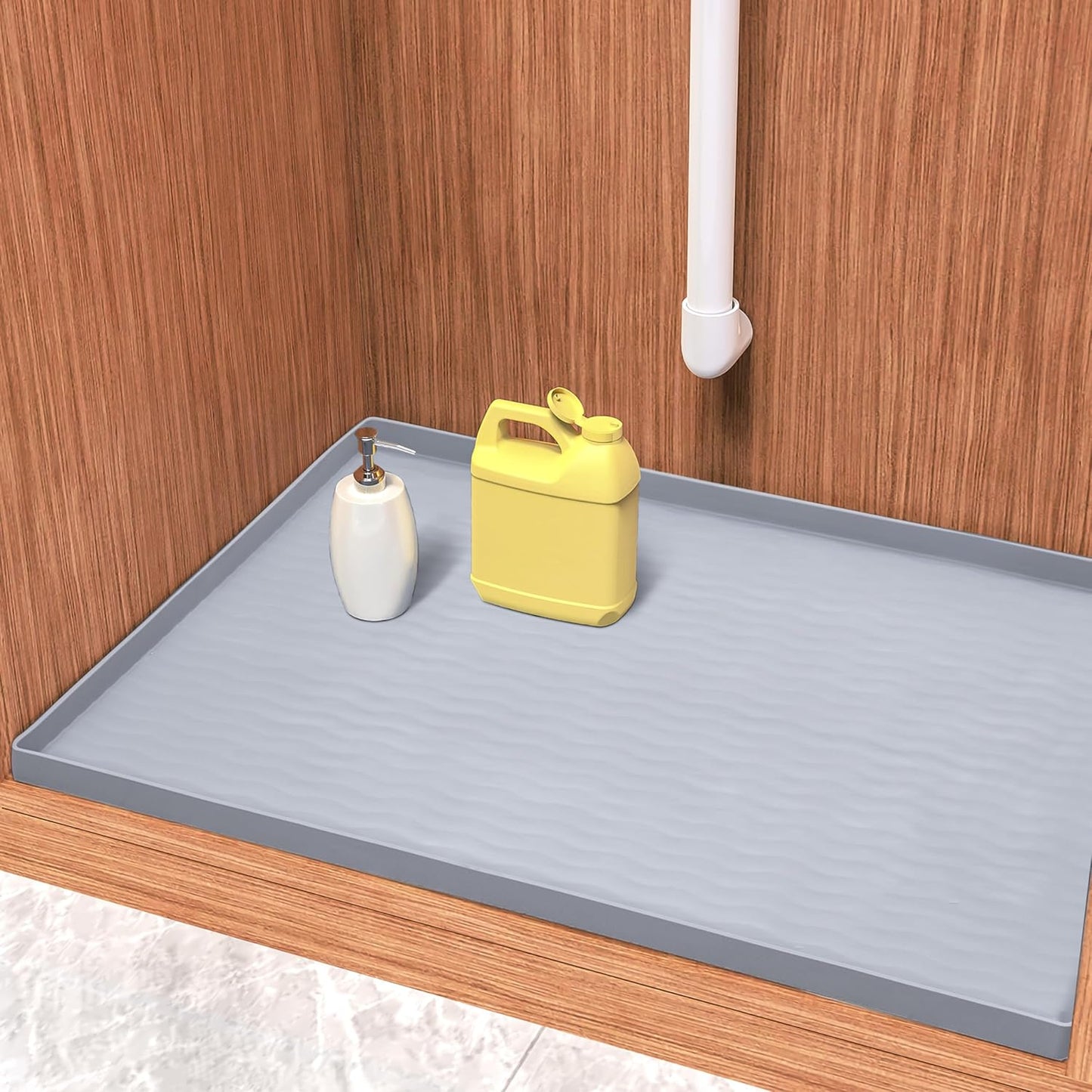 URMONA Waterproof Silicone Under Sink Mat 22'' x 14'' Shelf Liner for Kitchen and Bathroom, Cabinet and Counter Protector, Storage and Organizers, Litter Mat, Pet Cat Puppy Essentials(Light Grey)