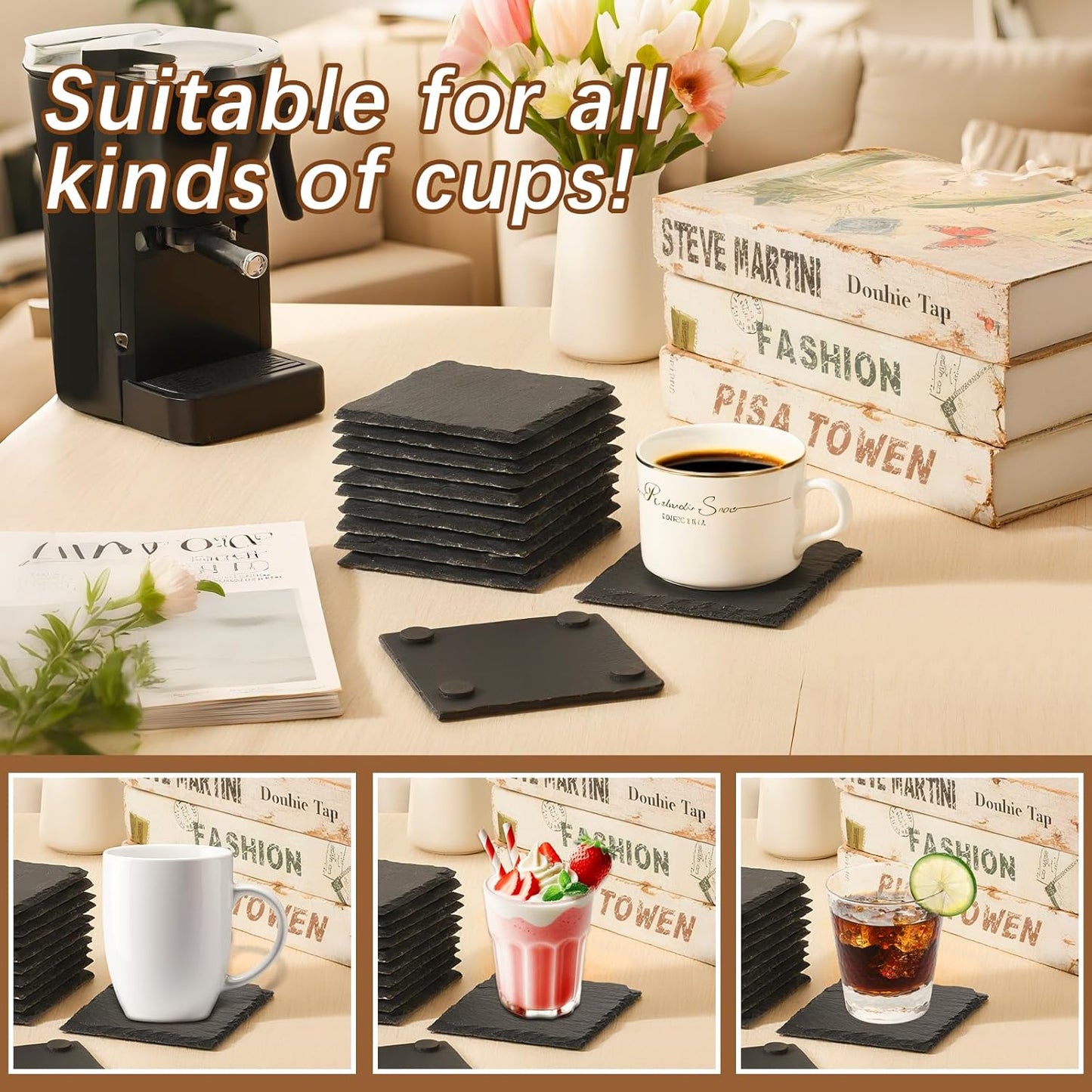 60 PCS Slate Coasters Black Square 4 Inch Bulk Rock, Blank Laser Engraving, Scratch Resistant Bottom, Home Office Kitchen Gift Wedding Bar Party (60 PCS Square Coasters)