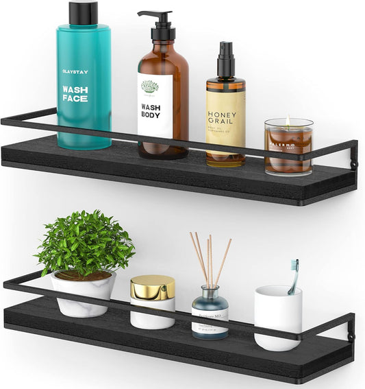 Meangood Floating Shelves Wall Mounted Set of 2, Rustic Wood Wall Storage Shelves for Bedroom,Living Room,Bathroom, Kitchen (Black)