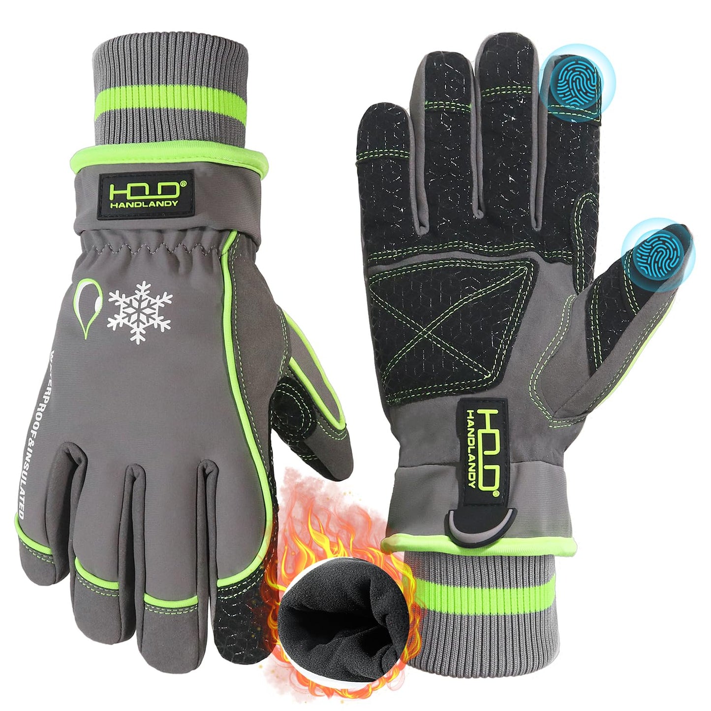 HANDLANDY Waterproof Insulated Work Gloves, 3M Thinsulate Thermal Winter Gloves for Men Women Touch Screen, Warm Ski Snowboard Cold Weather Gloves (Green-men Size, Medium)