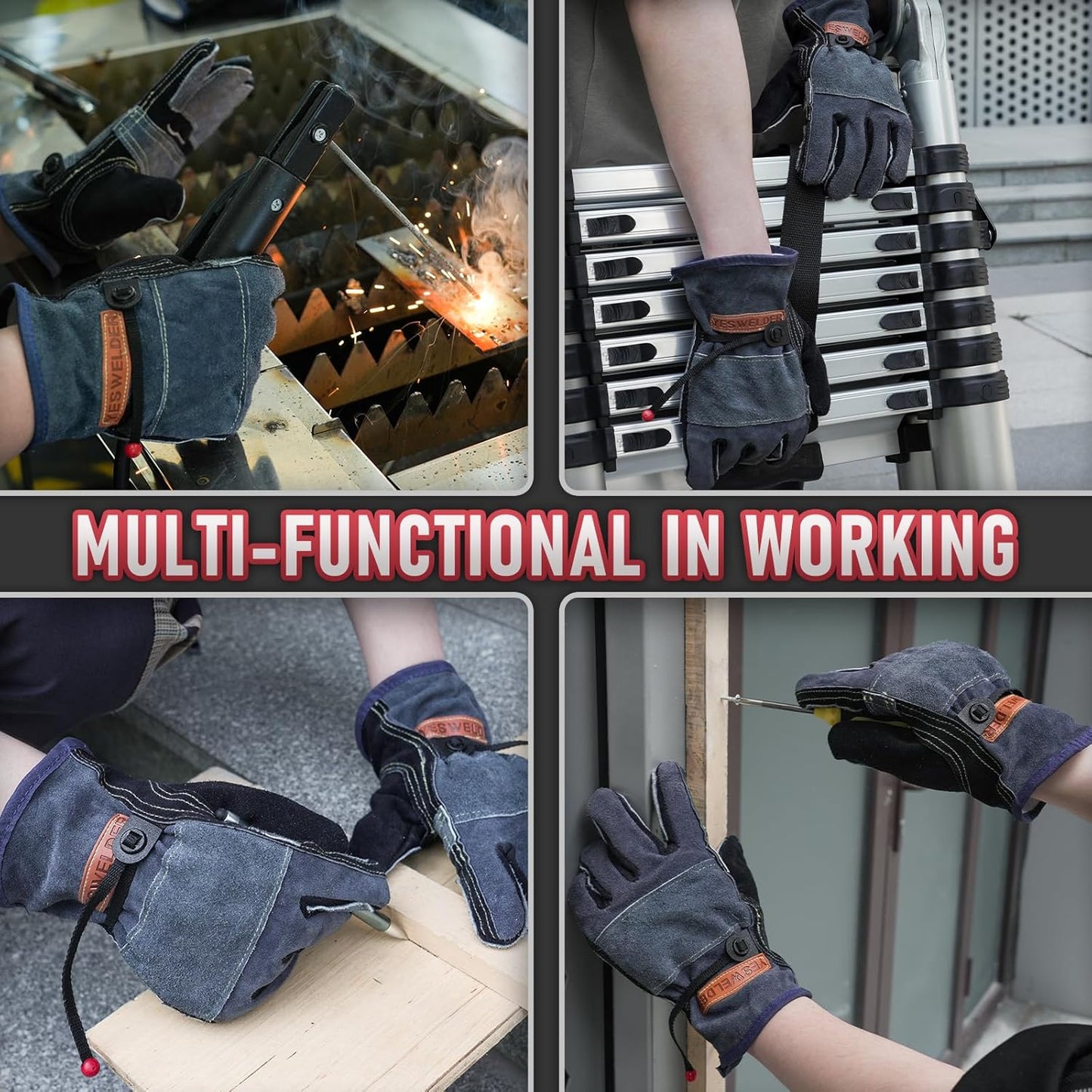 YESWELDER Leather Work Gloves for Men or Women，Suitable for welding & gardening etc. Cowhide leather with cotton lining, wrist closure, grippy and durable.Reinforced palm and finger,Black-gray L