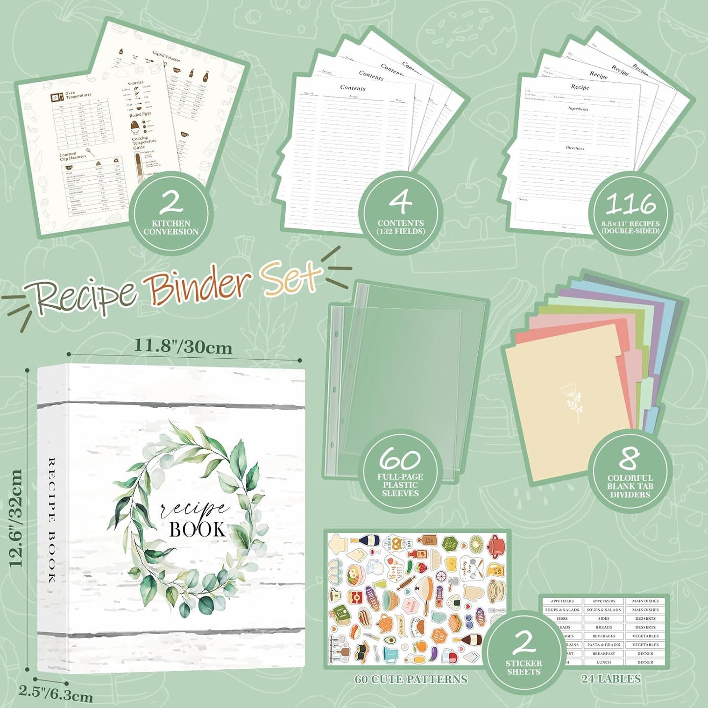 Lanpn Recipe Binder 8.5x11 3 Ring Kit, Waterproof Organizer Binder Recipe Book with 60 Plastic Sleeves,116 Recipes, Dividers,Labels & Stickers, Blank Cookbook to Write in Your Own Recipes, Leaf