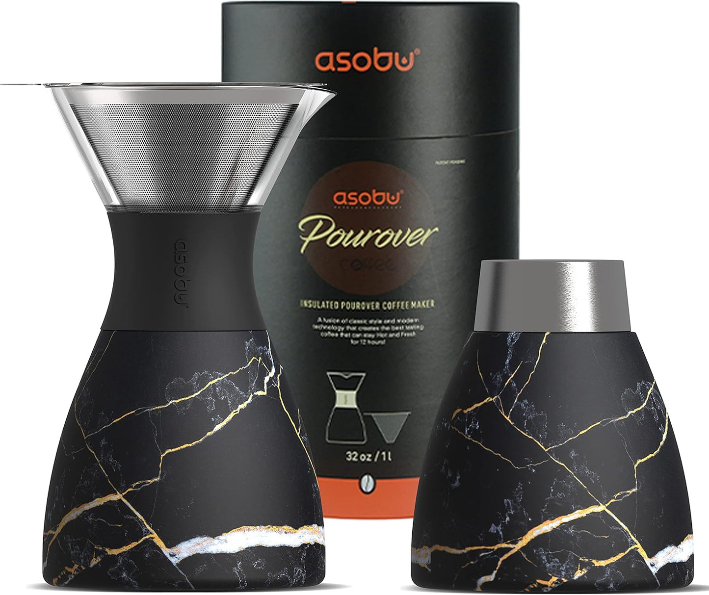 asobu Insulated Pour Over Coffee Maker (32 oz.) Double-Wall Vacuum, Stainless-Steel Filter and Take on the Go Carafe (Midnight Marble)
