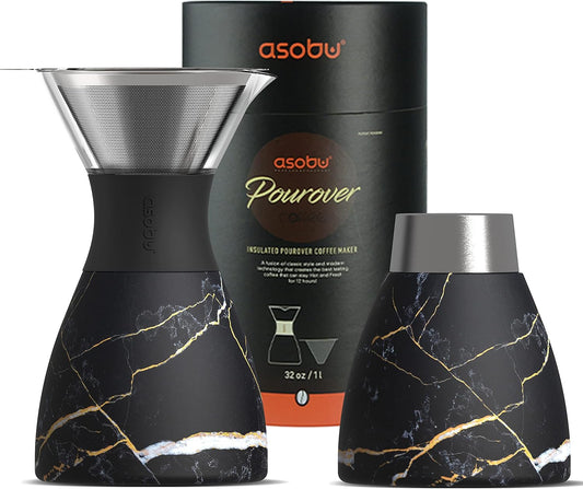 asobu Insulated Pour Over Coffee Maker (32 oz.) Double-Wall Vacuum, Stainless-Steel Filter and Take on the Go Carafe (Midnight Marble)