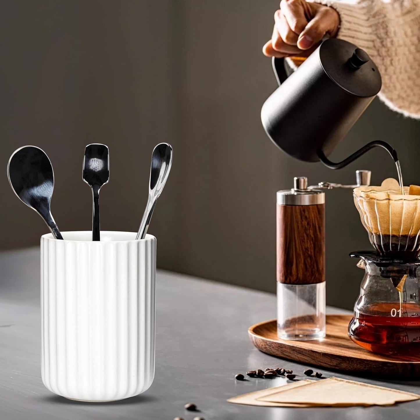 Ceramic Spoon Holder for Coffee Bar, Upright Tea Spoon Holder Cup, Coffee Stirrers Straws Stir Stick Holder, White Fluted Surface