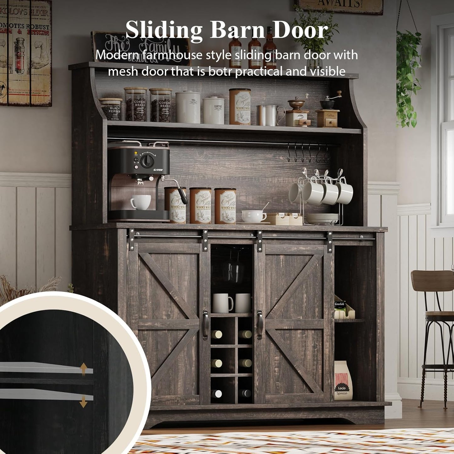 47 Inch Farmhouse Coffee Bar Cabinet with 3-Tier Storage, Kitchen Hutch with 9 Wine Racks & 3 Glass Holders, Coffee Bar with 6 Hooks, Wine Bar Cabinet for Dining Living Room, Rustic Oak