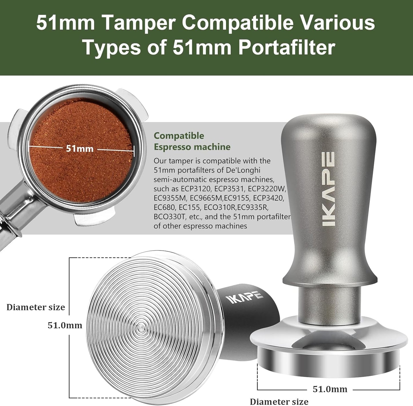 IKAPE 51mm Espresso Tamper, Premium Barista Coffee Tamper with Calibrated Spring Loaded, 100% Flat Stainless Steel Base Tamper for Espresso Machine