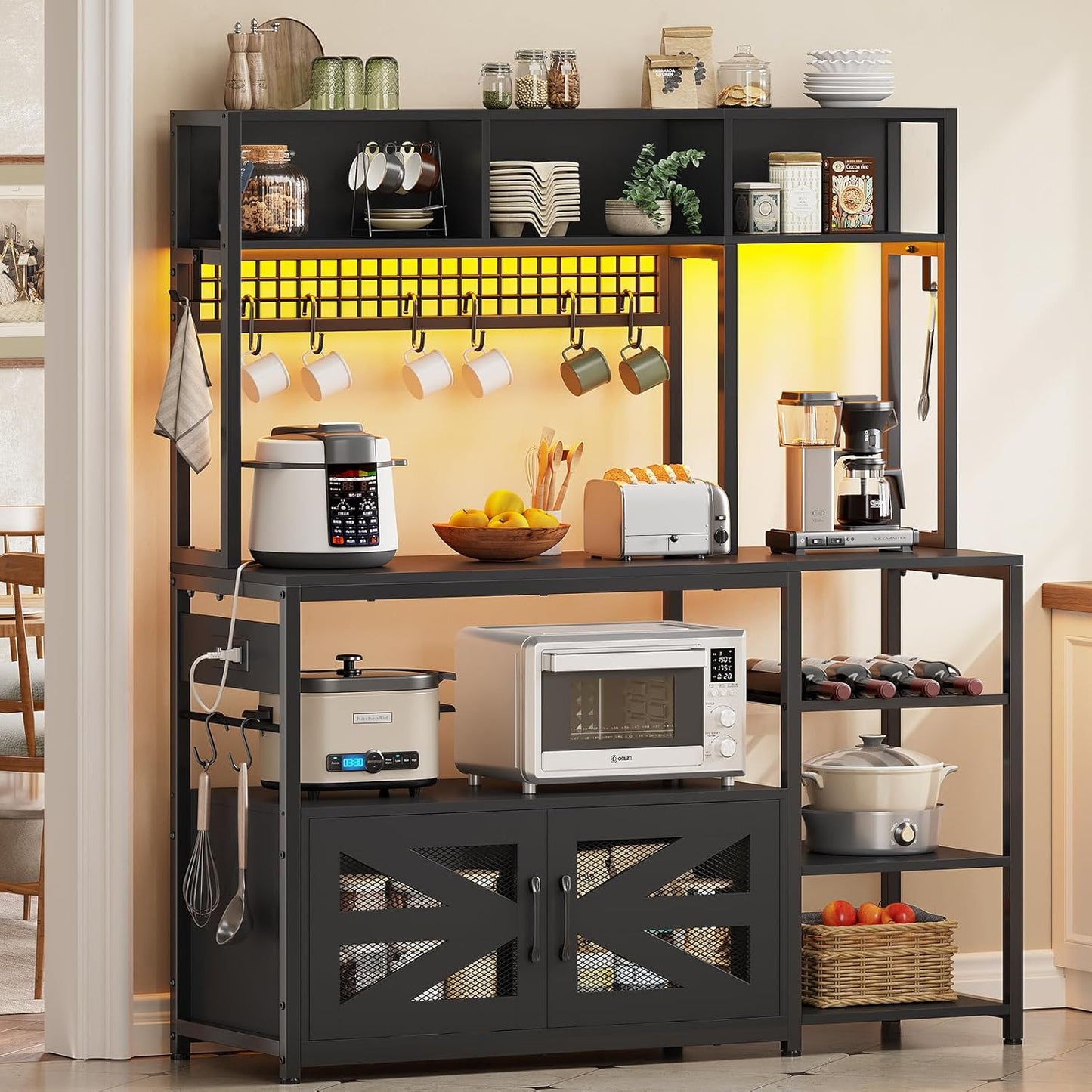 Itaar 47.2 Inch Bakers Rack with Power Outlet, Microwave Stand with Storage, Farmhouse Coffee Bar Cabinet Station with Wine Rack, Iron Grid and 8-S Hooks (Black)
