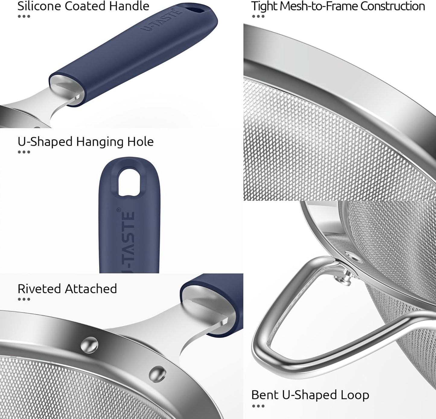 U-Taste Small Fine Mesh Strainer: 18/8 Stainless Steel 3.35in 30 Mesh Kitchen Food Sieve with Sturdy Riveted Silicone Handle, Heavy Duty Deep Handheld Metal Colander for Tea, Juice (Midnight Blue)
