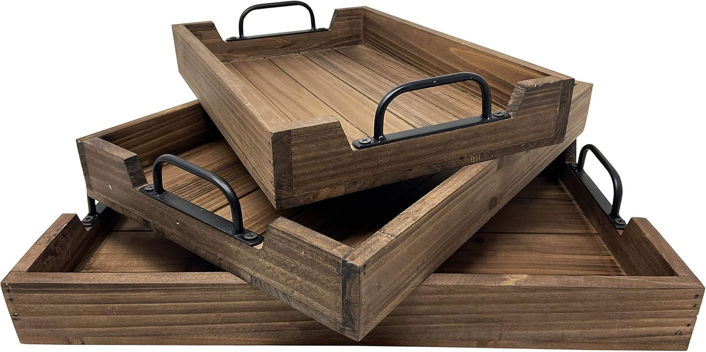 3 Piece Decorative Nested Vintage Wood Serving Tray Set for Coffee Table or Ottoman ? Rustic Wooden Breakfast Trays for Kitchen, Dining Room, or Living Room ? Farmhouse Platter w/Handles ? Brown