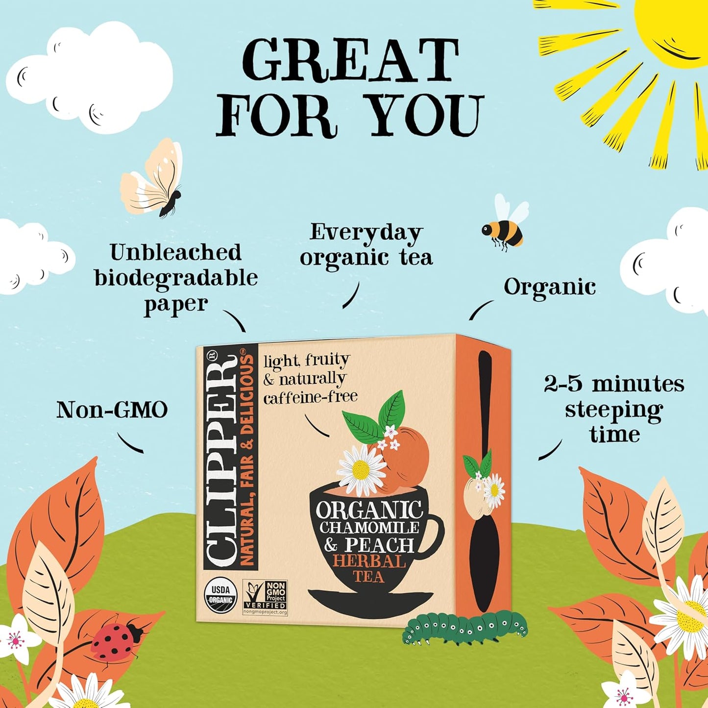 Clipper Tea Chamomile & Peach Teabags – USDA Organic, Great Hot or Iced – Natural, Fair & Delicious Fruity Chamomile & Peach Infusion – 50 Tea Bags