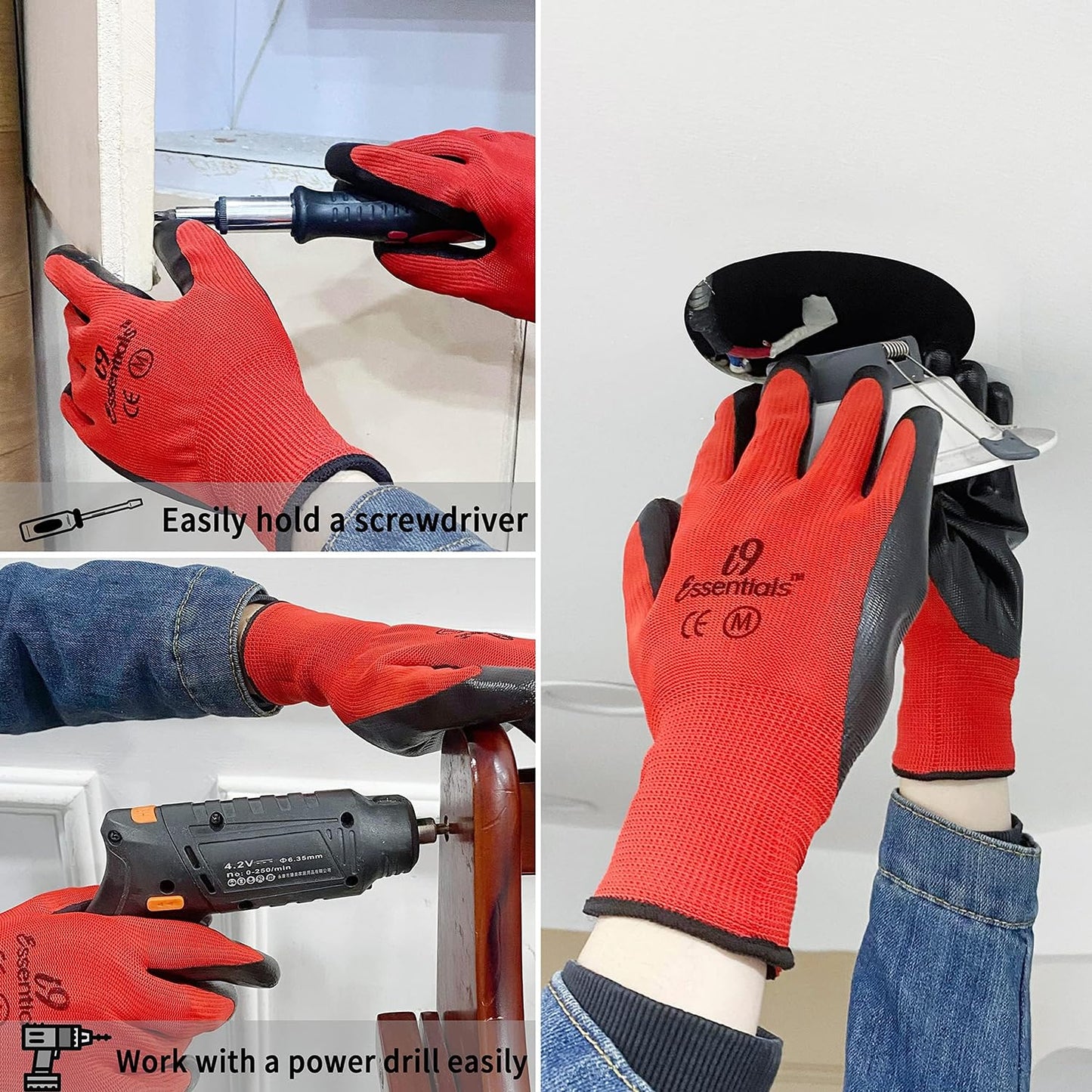 I9 Essentials 6 Pairs - Medium PU-Coated Seamless Work Gloves Lightweight Safety Gloves with Grip - Gardening, Construction, Woodworking