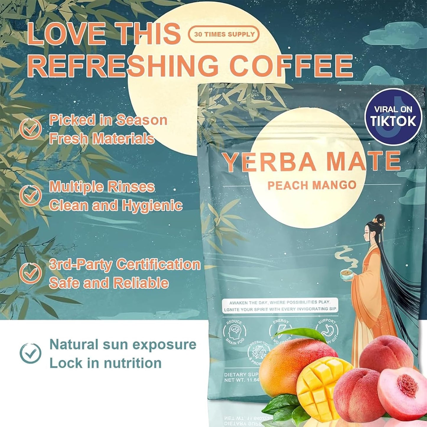 Yerba Mate Instant Tea Powder, 3-in-1 Super Drink - Clean Energy, Brain Fog Buster | Pure Natural Extract, Focus and Gut Health Support, Yerba Mate Peach Mango 0.72 lb