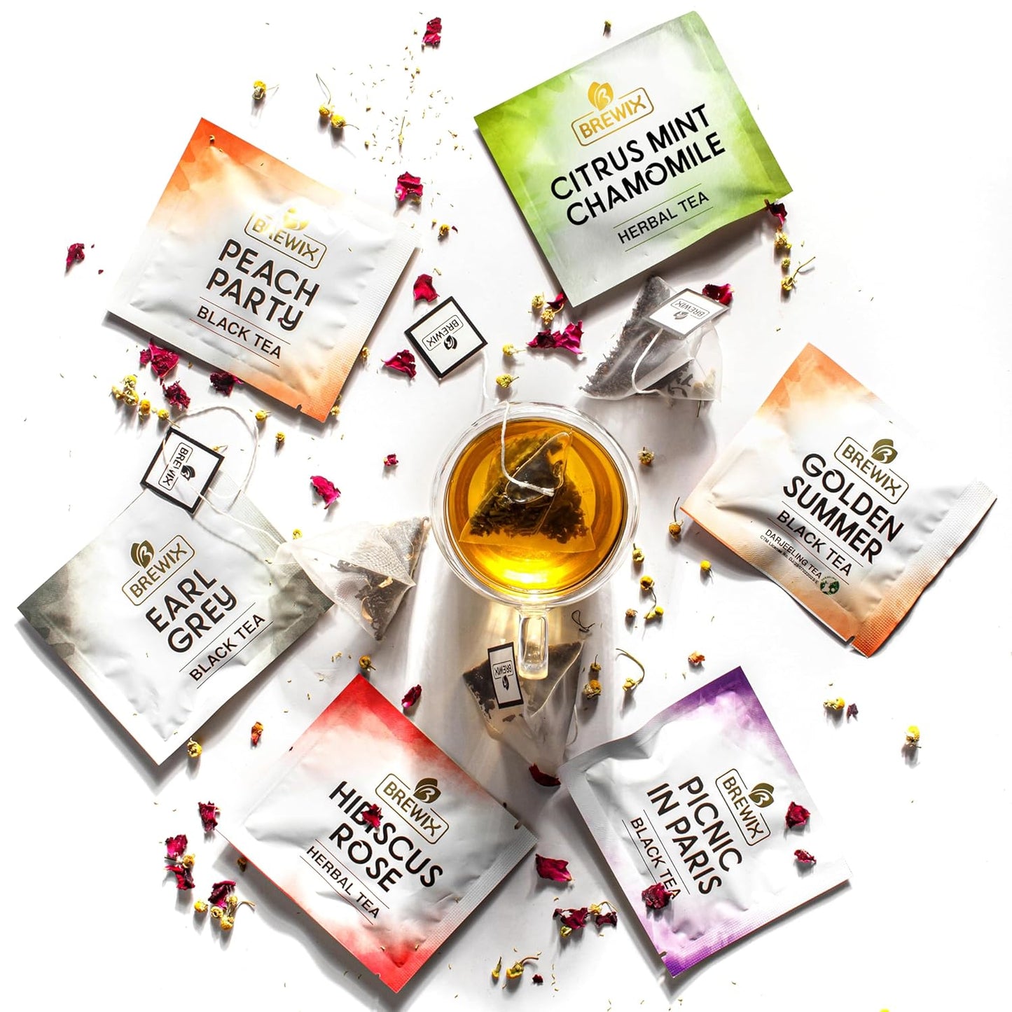 BREWIX Premium Assorted Tea Sampler Gift Box (15 Pyramid Individually Wrapped Tea Bags) | Herbal Tea, Black Tea, Green Tea | Tea Gift Set & Variety Pack | Gifts for Women & Men, Tea Set
