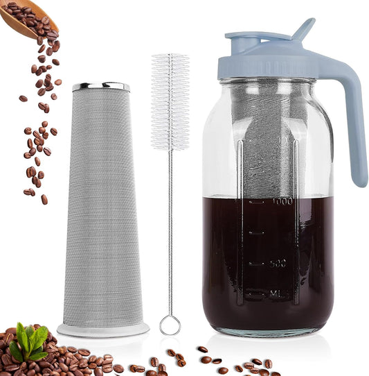 Cold Brew Coffee Maker,64 oz Mason Jar Pitcher with Stainless Steel Filter, Pour Spout Handle Lid, Heavy Duty Glass Airtight & Leak-Proof Pitcher for iced coffee Tea Lemonade-Gray