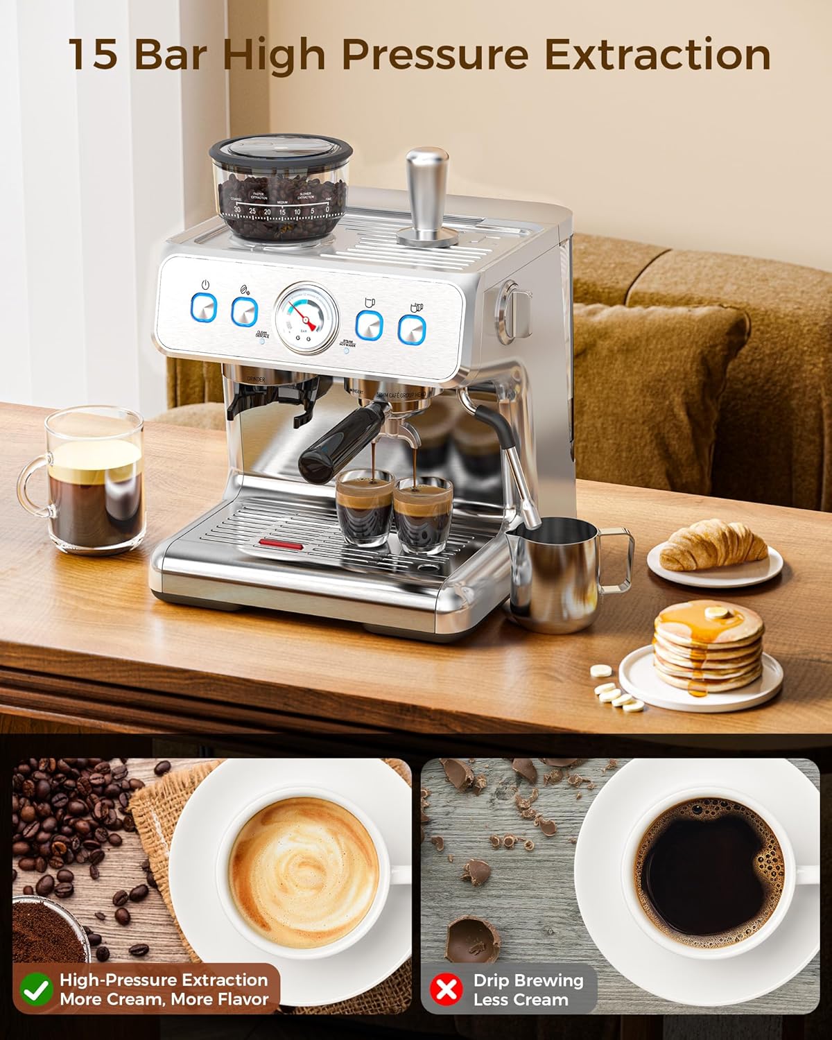 COWSAR Espresso Machine 15 Bar, Semi-Automatic Espresso Maker with Bean Grinder & Milk Frother Steam Wand, 75 Oz Removable Water Reservoir, Self-Cleaning, Ideal for Cappuccino/Latte, Stainless Steel