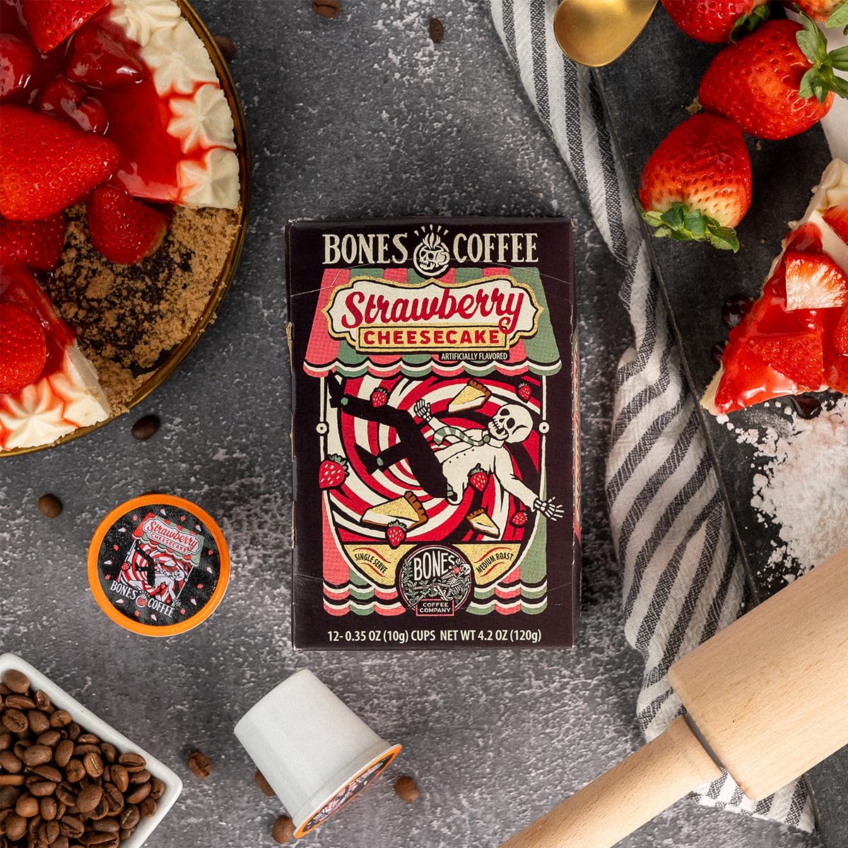 Bones Coffee Company Strawberry Cheesecake Flavored Coffee Pods, Low Acid Medium Roast Single-Serve Bones Cups, Compatible with 1.0 & 2.0 K-Cups Brewers Coffee Maker, 12 Count