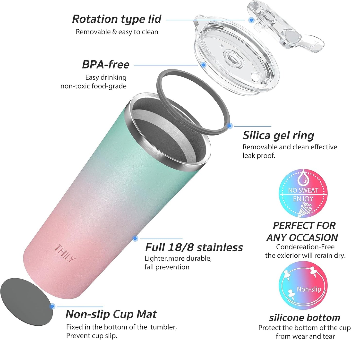 THILY Stainless Steel Vacuum Insulated Tumbler 26 oz Triple-Insulated Travel Mug with Splash-Proof Lid, for Iced Coffee and Hot Beverage, 2 Pack, Candy Pink + Lavender Dream