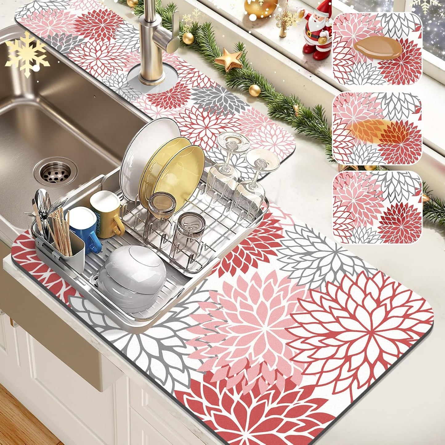 Findosom 2PCS 12" x 20" Christmas Dish Drying Mat & 24" x 5.5" Sink Splash Guard, Super Absorbent & Cuttable Dish Mat Drying Kitchen Mat with Red Floral, Hide Stain Drying Mat for Kitchen Counter