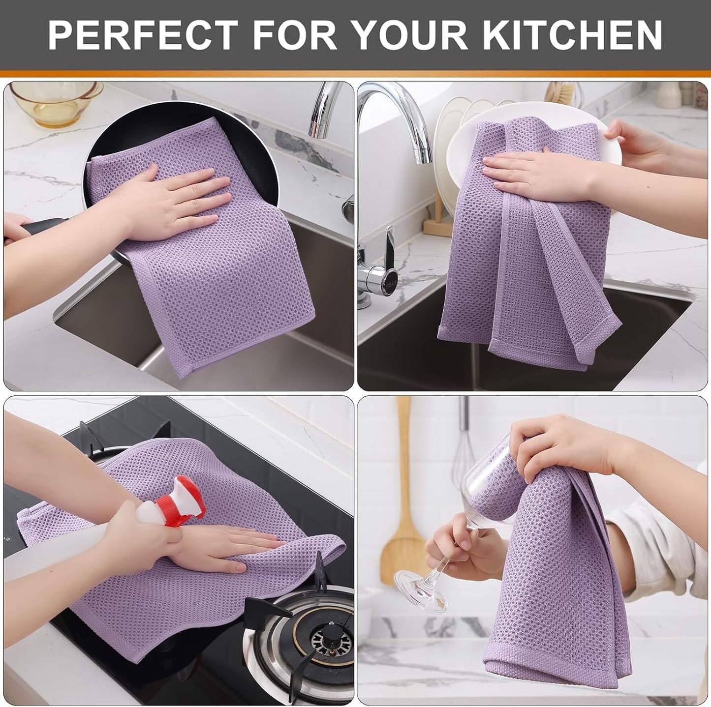 Kitinjoy 100% Cotton Waffle Weave Kitchen Towels, 12-Pack Super Soft and Absorbent Dish Towels for Drying Dishes, Kitchen Hand Towels, 13 in x 28 in, Lavender
