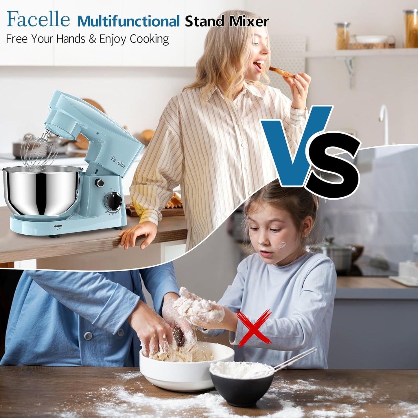 Facelle Stand Mixer, 10-Speed 6QT Kitchen Electric Mixer, Tilt-Head Food Mixer with Beater, Dough Hook, Wire Whip and Egg Separator, scraper for Most Home Cooks - Blue