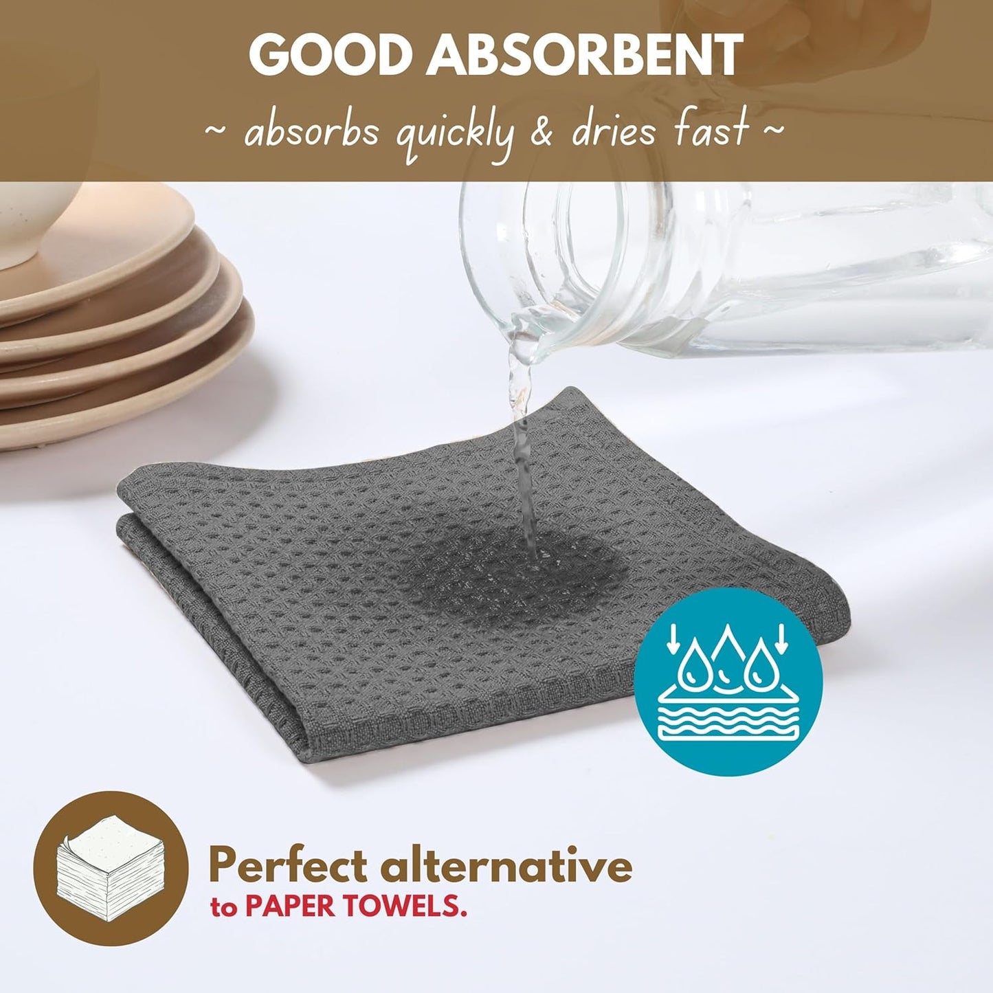 Native Fab Cotton Dish Towel & Dishcloth Set - 8 Piece Pack for Cleaning, Cooking, Baking - Absorbent, Durable, Washable, Quick Drying Towels for Home, Kitchen, BBQ & Everyday Use - Gray