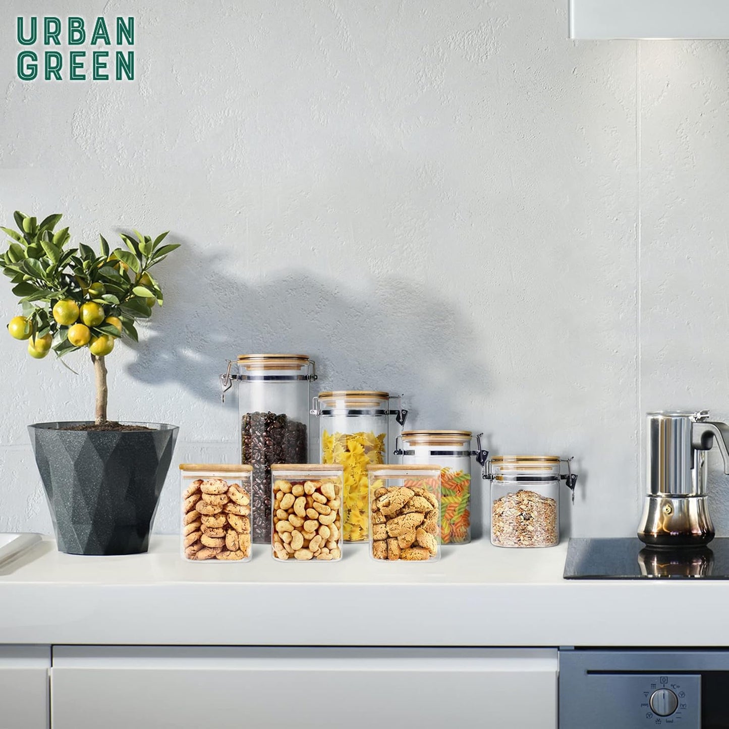 Urban Green Glass Jars with Bamboo Lids, Square Glass Jar with airtight lids, 6 pack of 28oz, Food Storage Containers with bamboo lids, Panty Jars