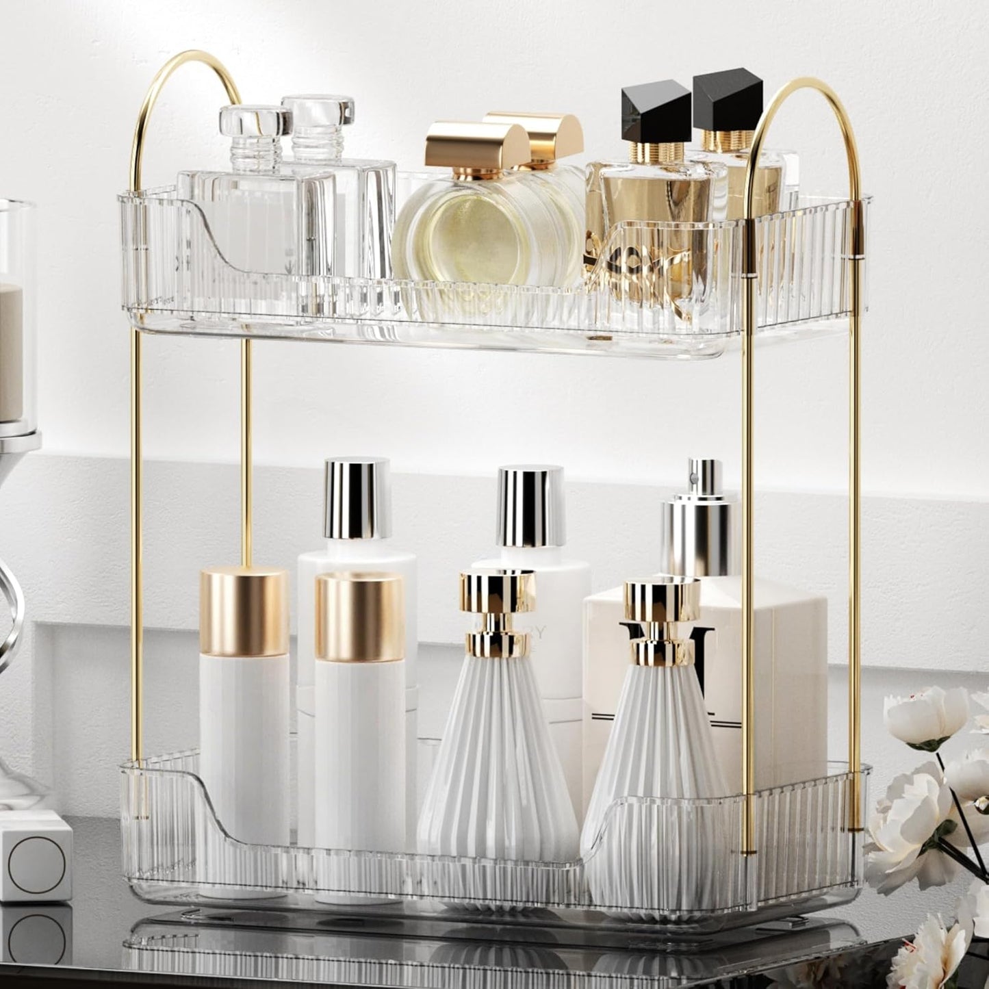 YCIA&DONE Bathroom Organizer Countertop, Makeup Storage, Skincare Cosmetic Tray Shelf, Perfume Holder Rack for Vanity Counter, Large Capacity, Easy to Install, Clean, 2 Tiers, Clear White
