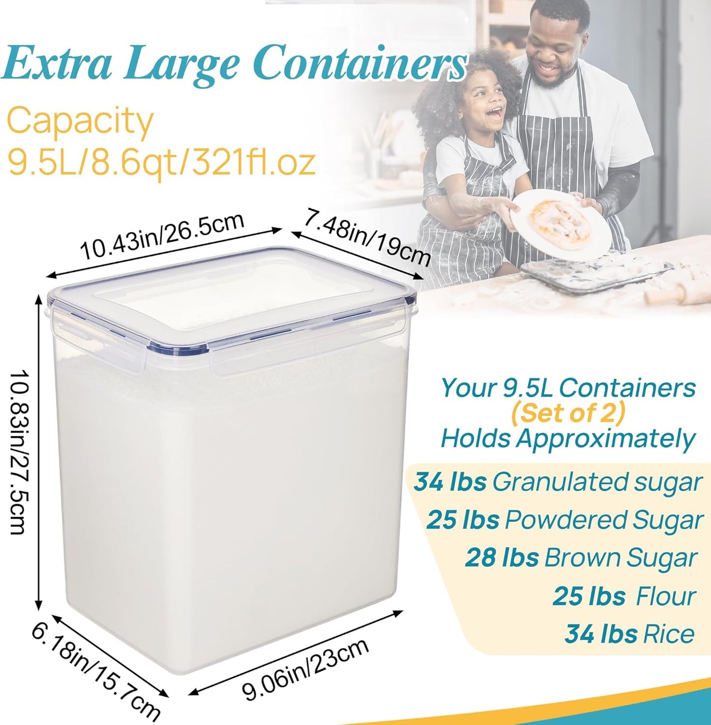 Vtopmart 9.5L 2 Pack Extra Large Flour Sugar Storage Containers for 25lbs flour, Airtight Kitchen Pantry Organization Canisters with Lids for Bulk food, Rice, Baking Supplies, BPA Free, Black