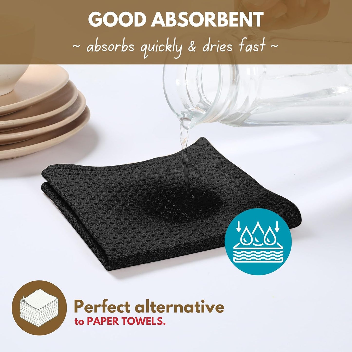Native Fab 6 Pack Waffle Dish Cloths - 12x12 inches, 100% Cotton, Soft, Absorbent & Quick Drying Towels for Cleaning, Cooking & Baking - Great for Home, Restaurants, Bars, Multipurpose Use - Black