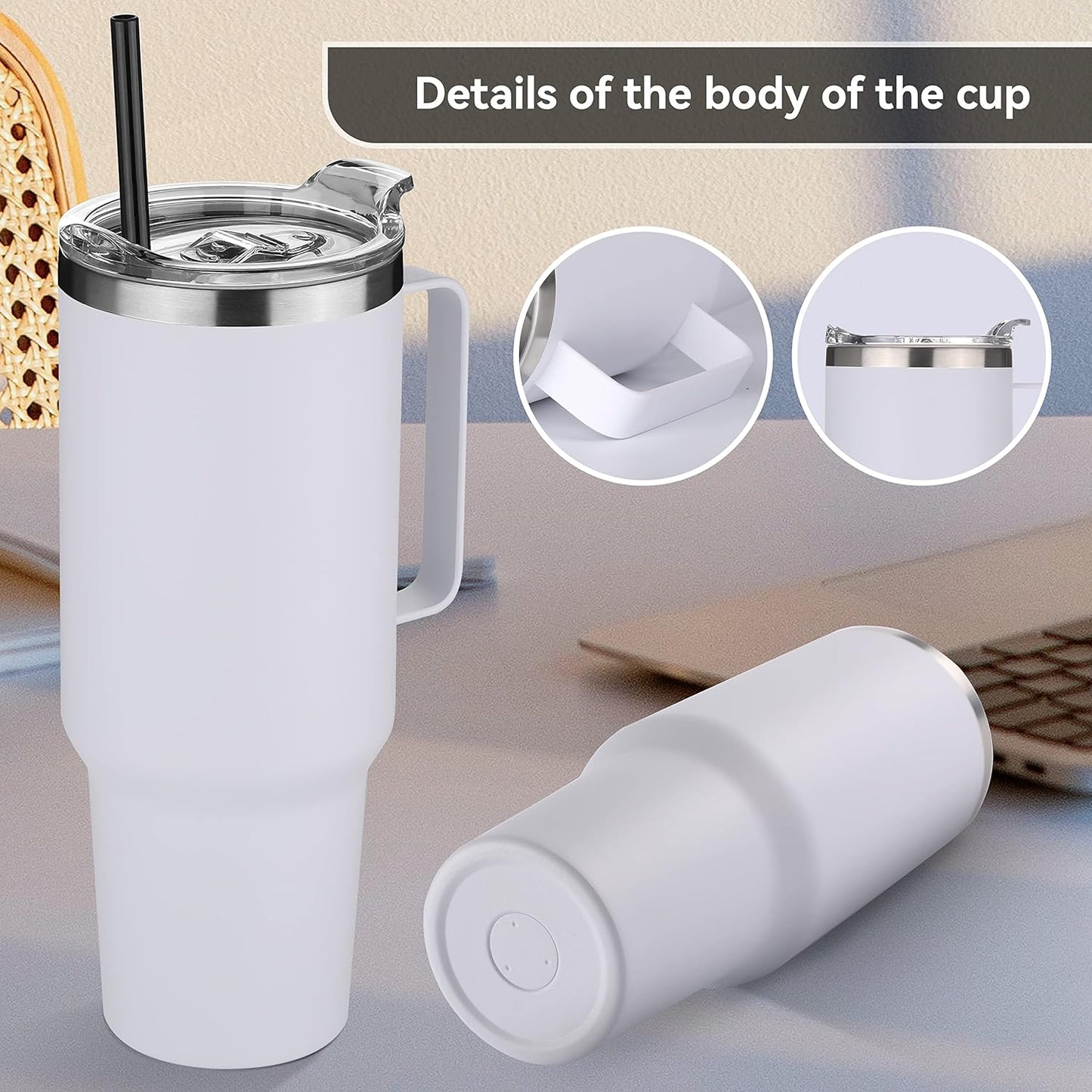 HASLE OUTFITTERS 40 oz Stainless Steel Tumbler with Handle, Vacuum Insulated Tumblers Bulk, Reusable Double Wall Travel Coffee Mug, Durable Powder Coated Water Bottles(White, 8)