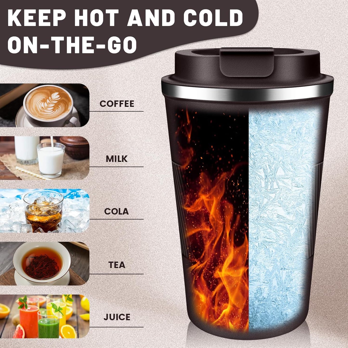 Insulated Coffee Tumblers with Flip Lid 12oz / 17oz, Stainless Steel Travel Coffee Mug Leak Proof, Vacuum Insulated Coffee Mug Reusable Cup, Keeps Cold and Hot for Coffee Tea