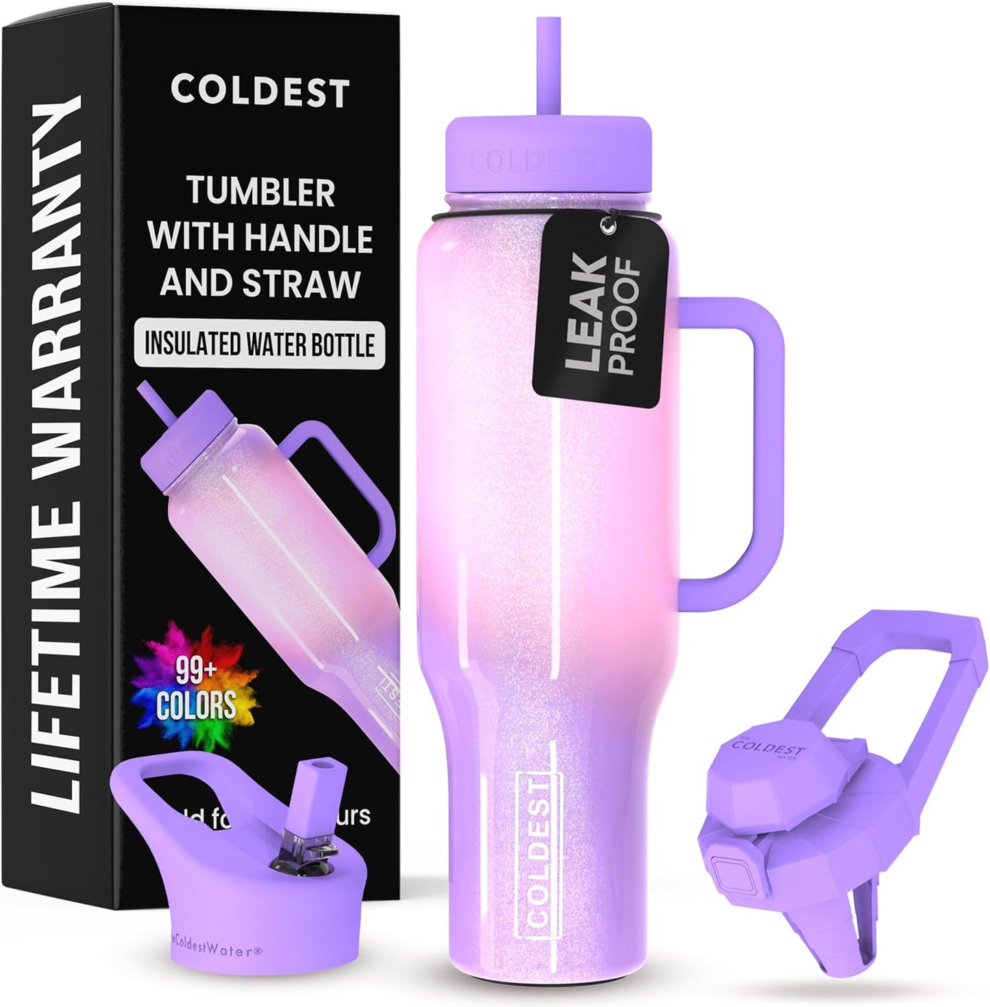 Coldest 40 oz Tumbler with Handle and Straw - 100% Leak Proof Insulated Tumbler with Lid and Straw (3 Lids) - Stainless Steel Tumblers for Women & Men - Cup Holder Friendly Base, 46 oz (Unicorn)